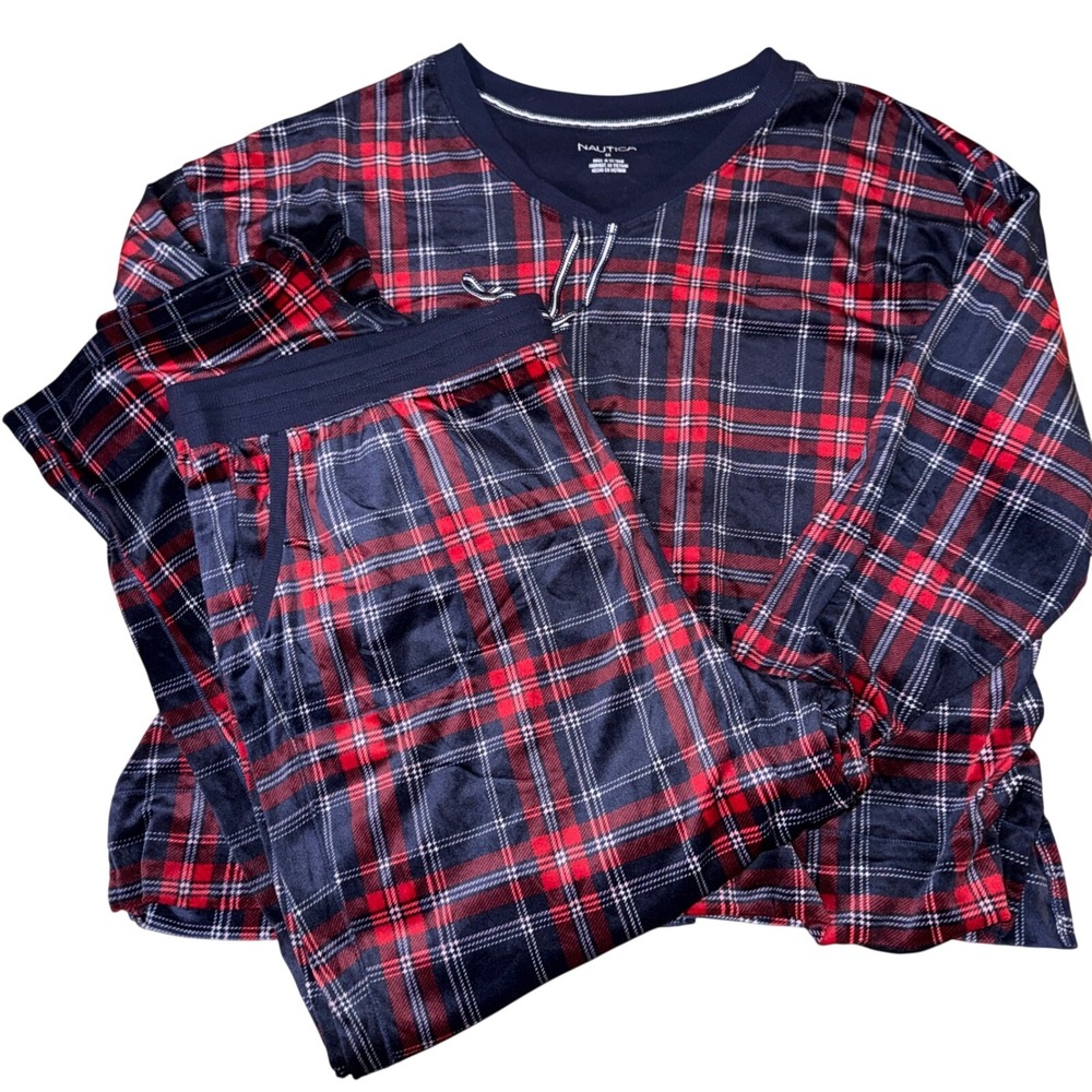 Nautica Womens 3X Plaid Pajama Set Long Sleeve Top Pants Sleepwear Red Blue